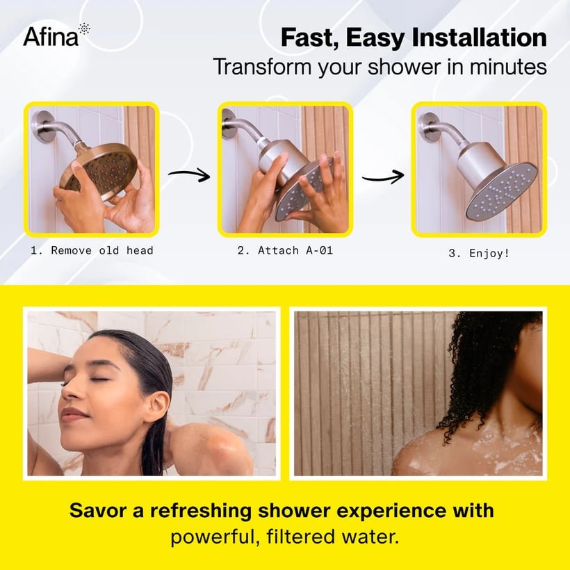 Showerhead installation steps and relaxing shower scenes promoting a refreshing shower experience.