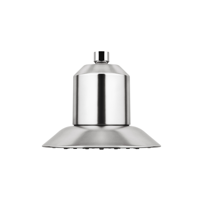 A silver industrial ceiling light fixture with a wide, conical shade.
