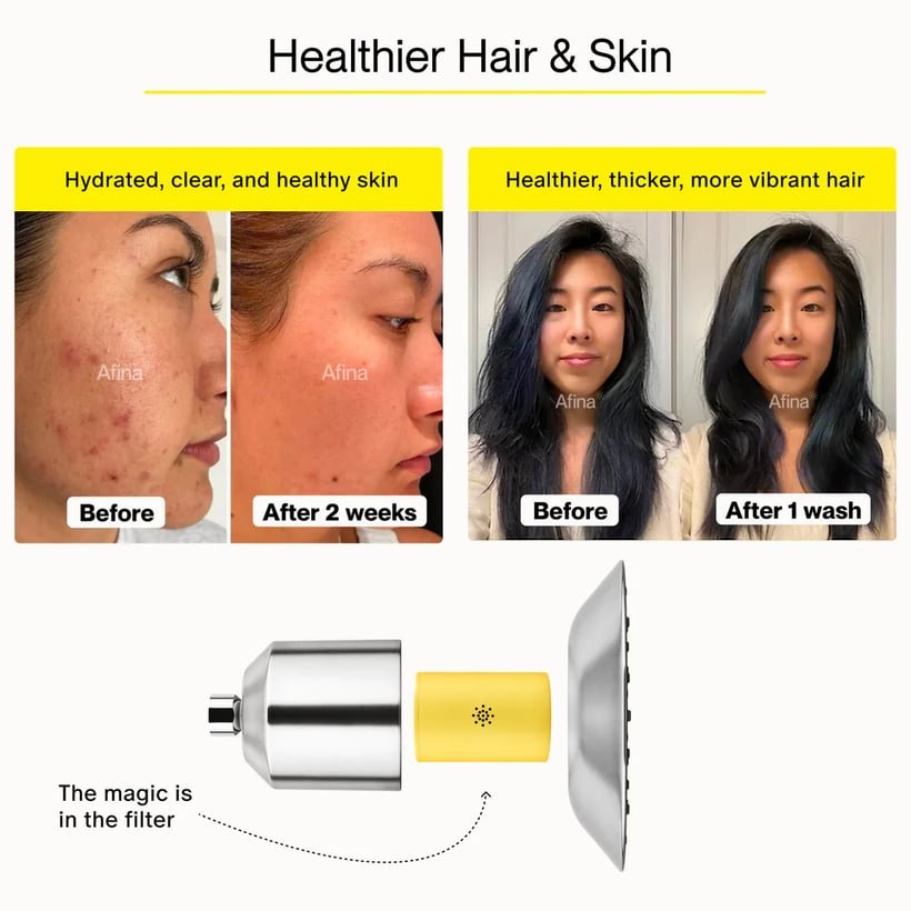 Comparison of before and after using a filter for healthier hair and skin.